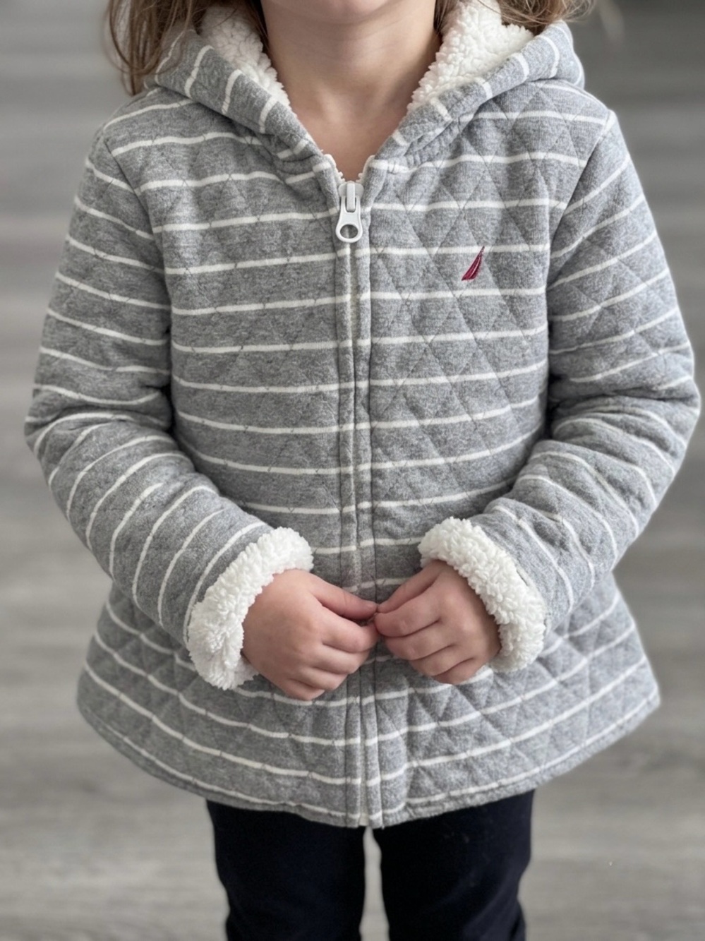 Nautica Hooded Quilted Jacket in Gray & White Stripes
